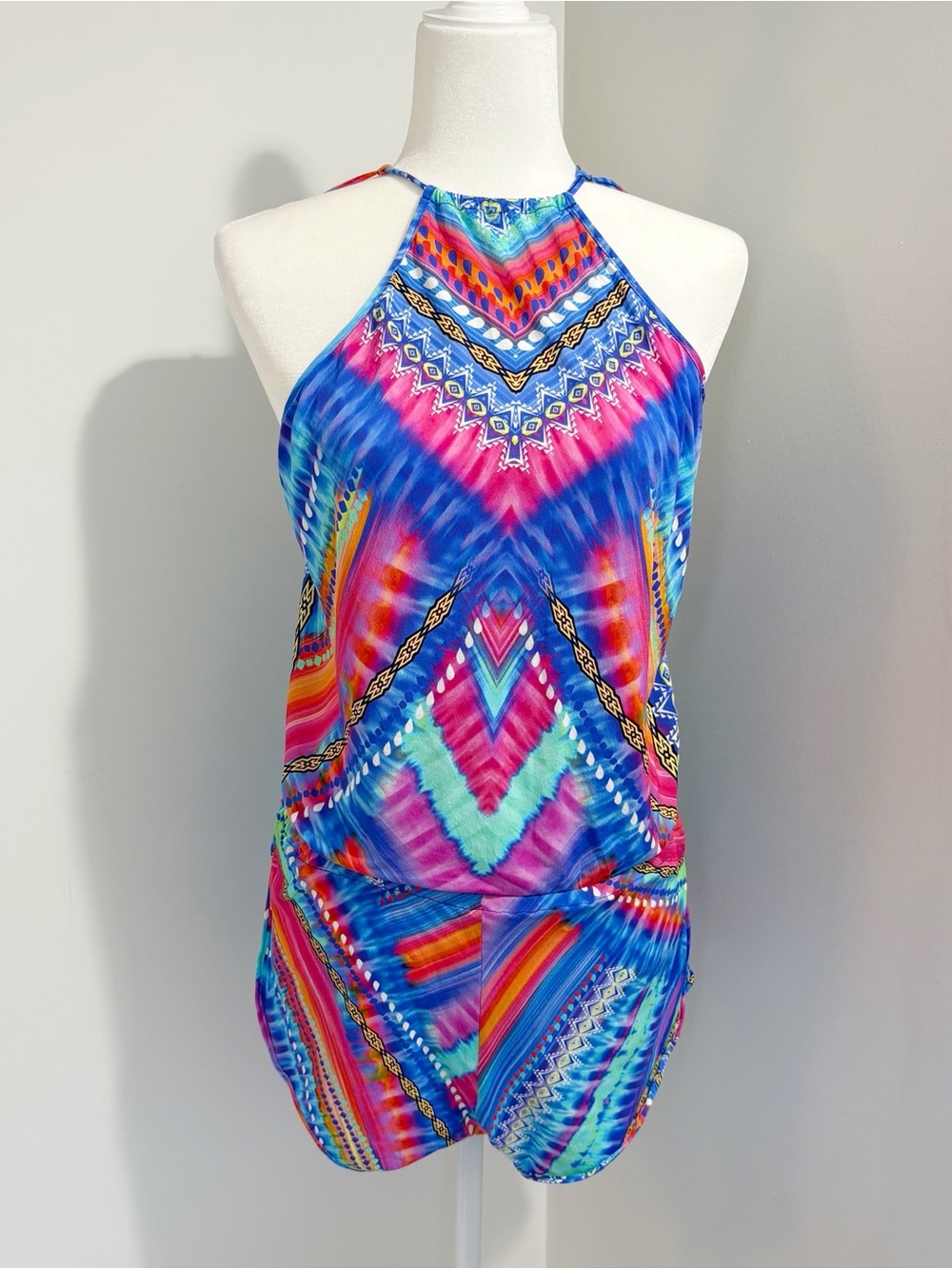 Luli Fama "Star Girl" Engineered Backless Romper Cover Up Size Medium Tropical